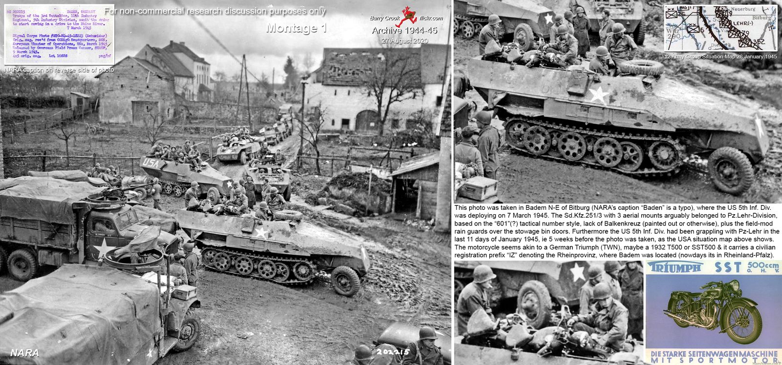 US Army infantry and vehicles in a German village in March 1945
